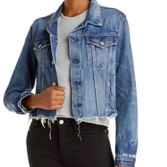 GRLFRND CARA Denim Jacket Raw Hem Distressed Wash - Picture 2 of 7